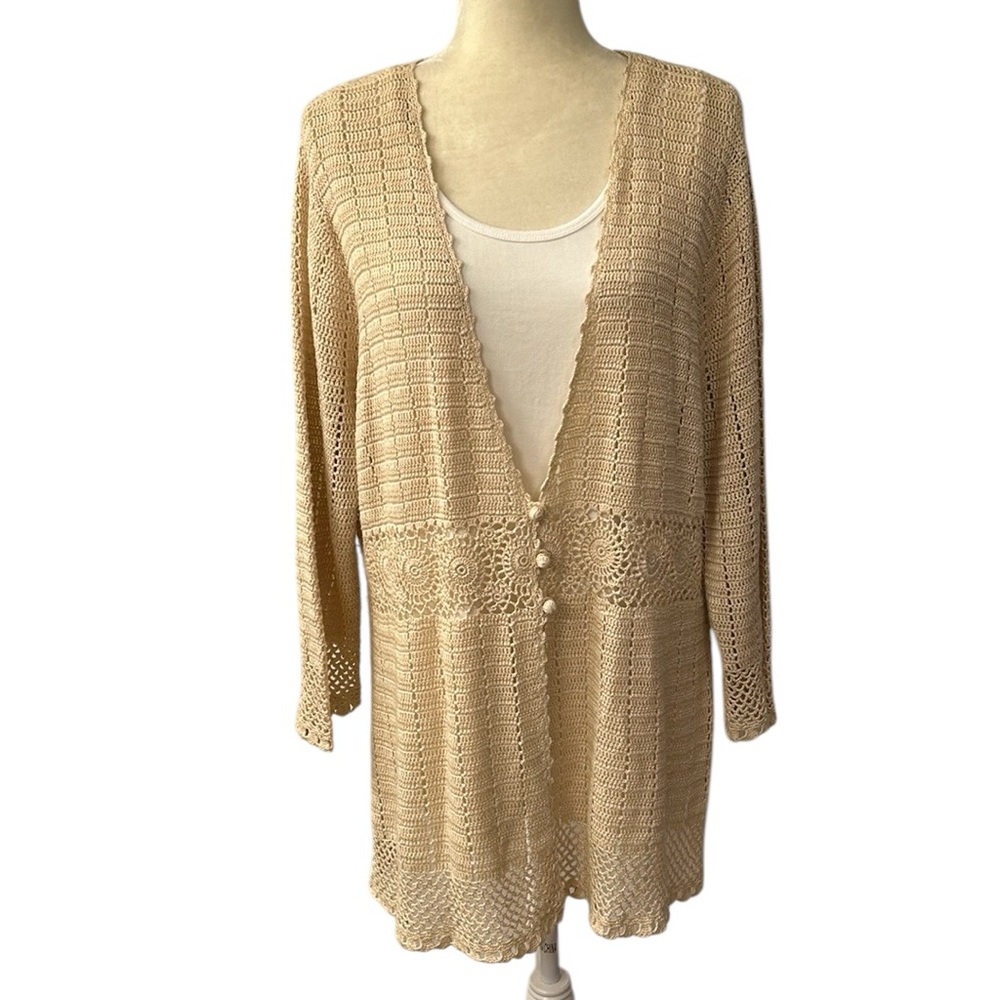 Nine West Hand Crocheted Open Knit Linen Blend Cardigan